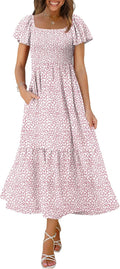 Summer Dresses for Women Smocked Square Neck Maxi Dress - With Pockets