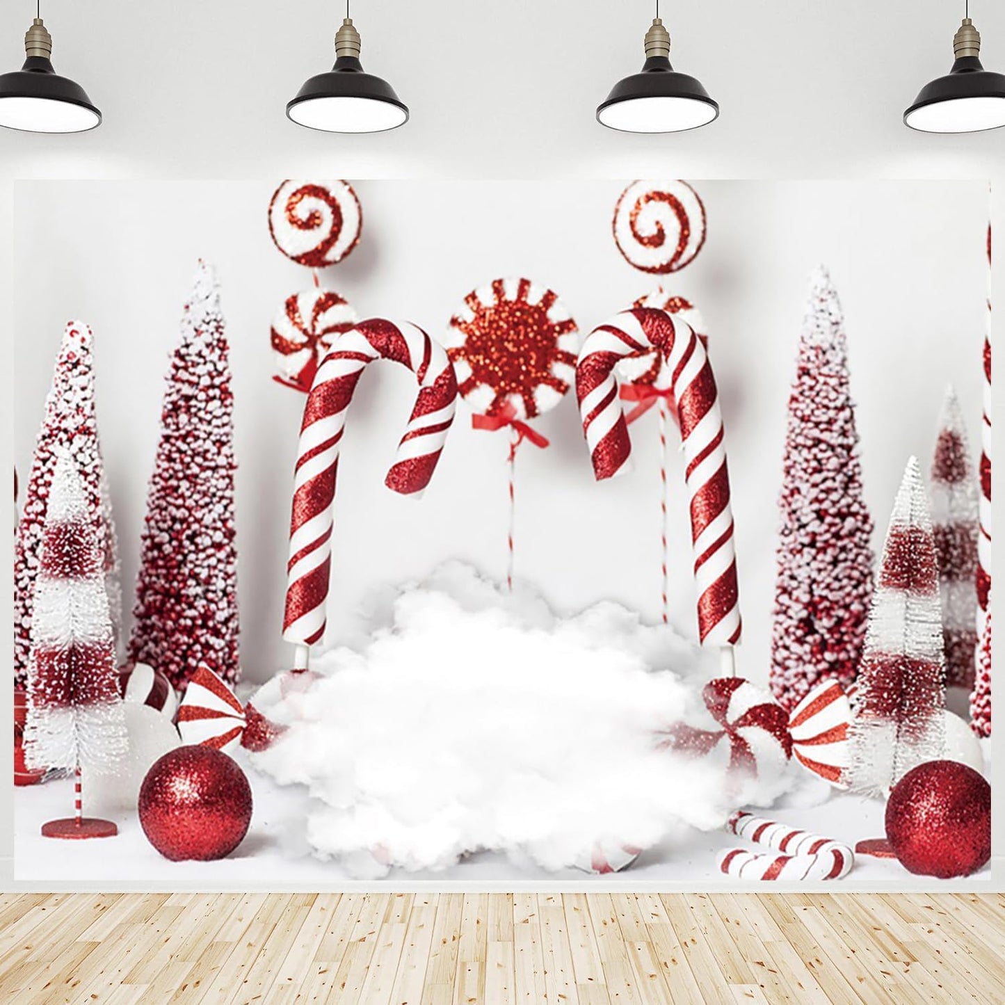 Christmas Backdrop Winter Red Candy Cane Balls for Celebrations