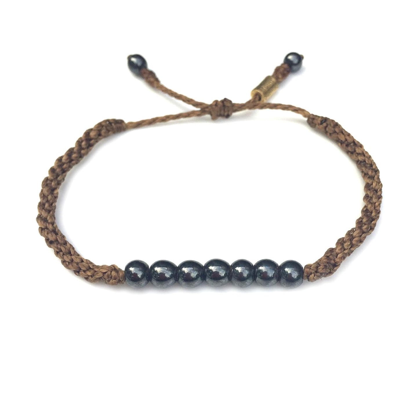Brown Rope Bracelet with Beaded Hematite Stones - Adjustable Jewelry