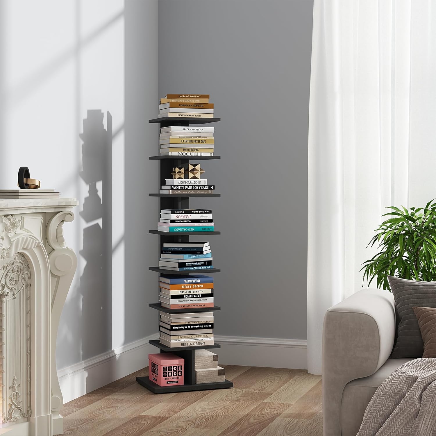 TUTOTAK Vertical Bookshelf: 8-Tier Narrow Spine Bookcase