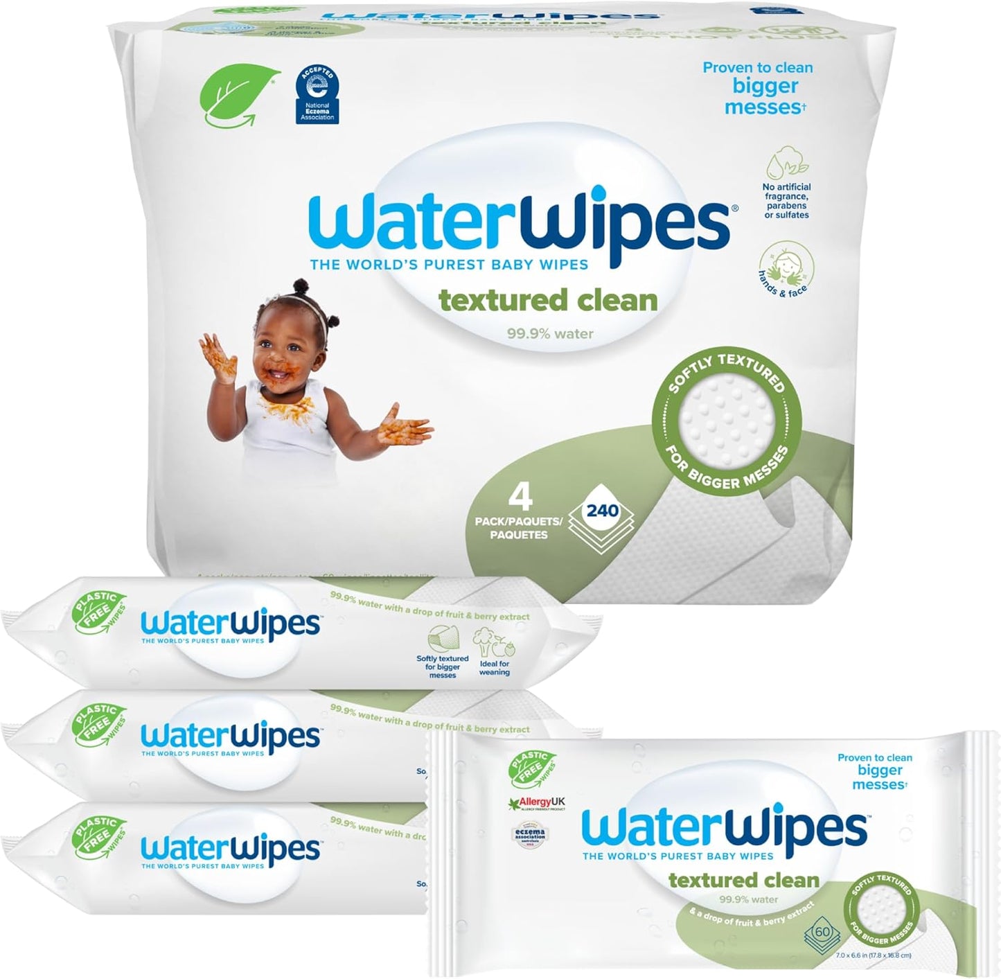 WaterWipes Plastic-Free Toddler Wipes, Gentle & Unscented, 99.9% Water, 4 Pack
