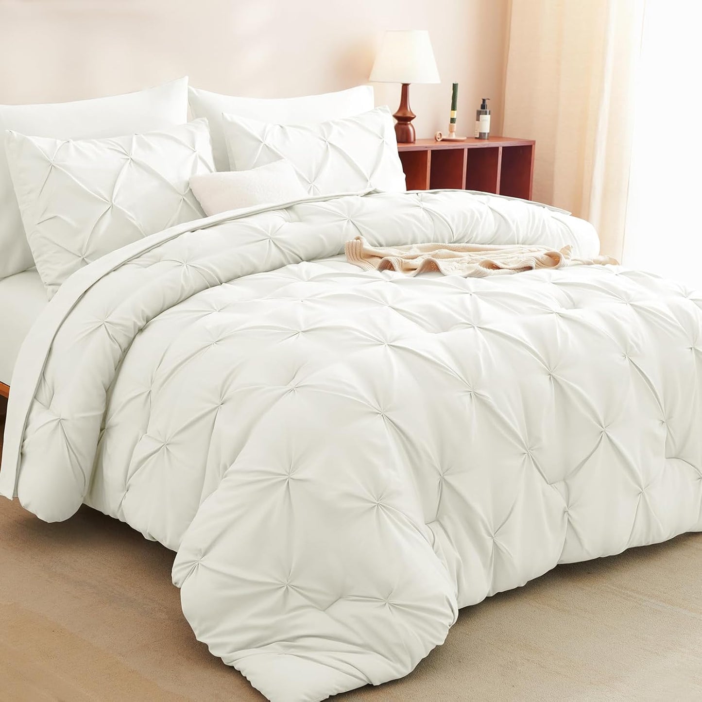 CozyLux Queen Comforter Set Ivory - 7 Pieces Pintuck Bed Set