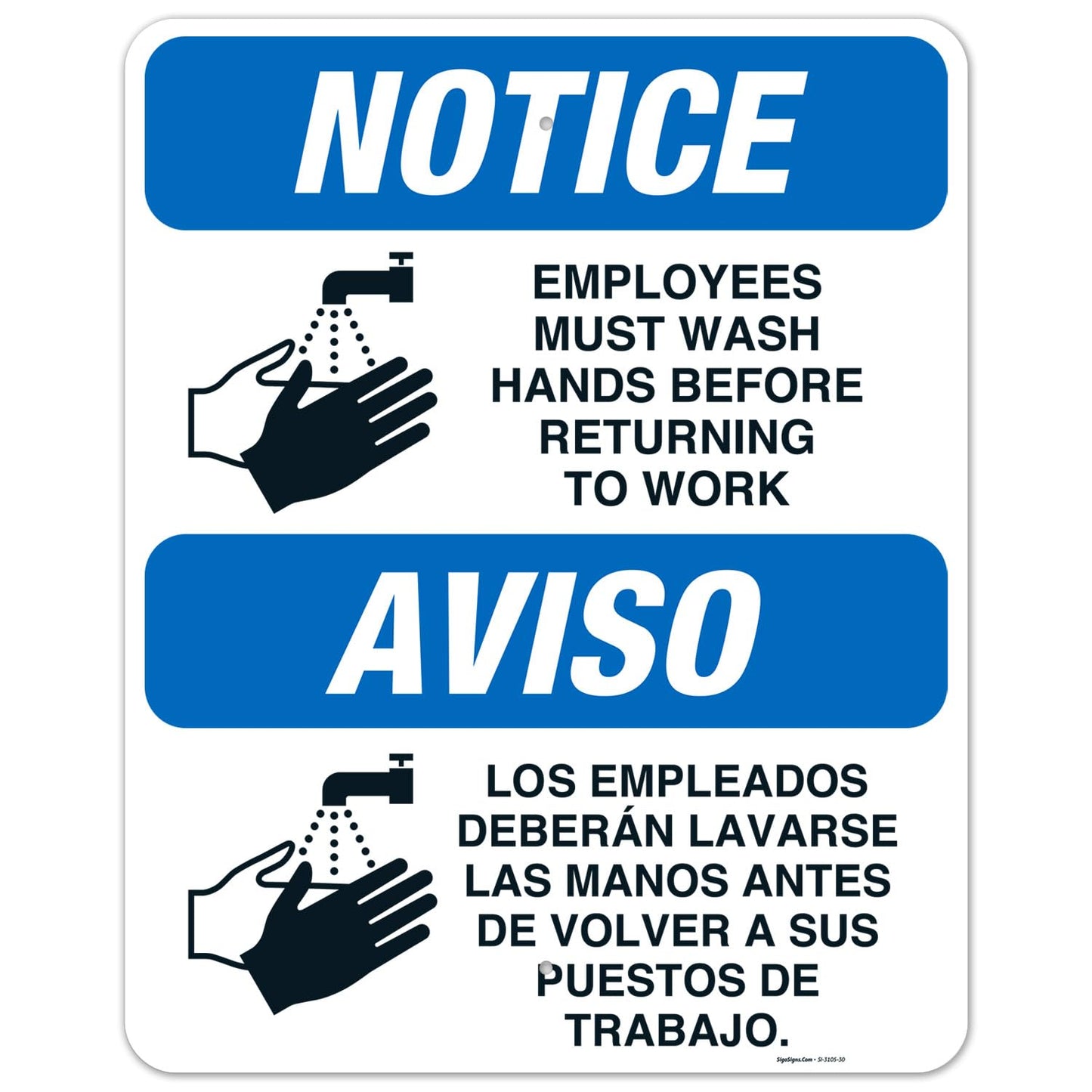 Employees Hand Washing Sign, Bilingual, Durable Aluminum Design