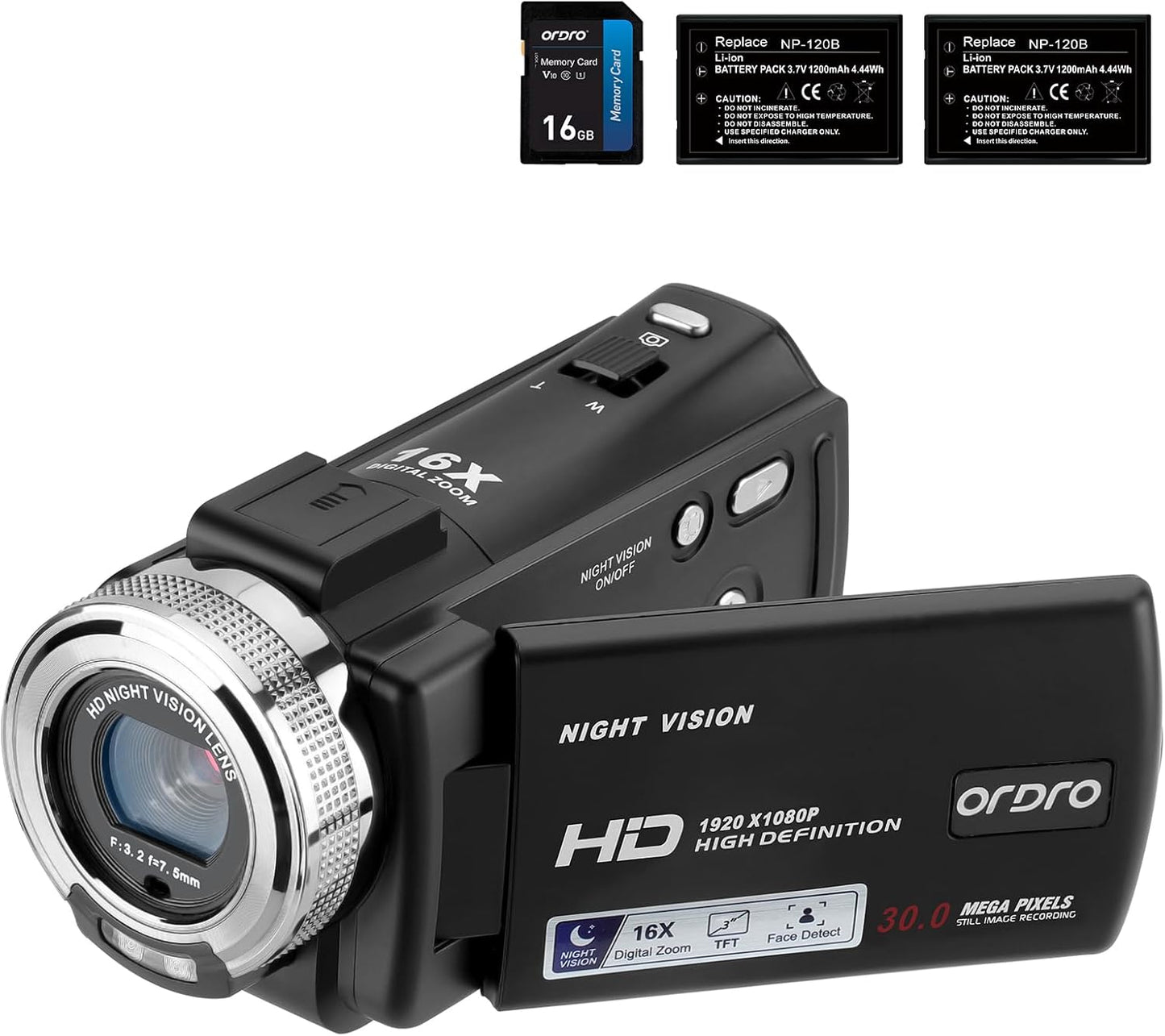 ORDRO V12 Camcorders with Infrared Night Vision and 16G Card