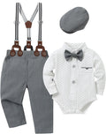Baby Boy Suit 0-24M Infant Gentleman Outfit - Suspenders & Beret