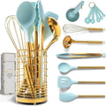 Teal Blue Kitchen Utensils Set with Gold Holder - 17-Piece Set