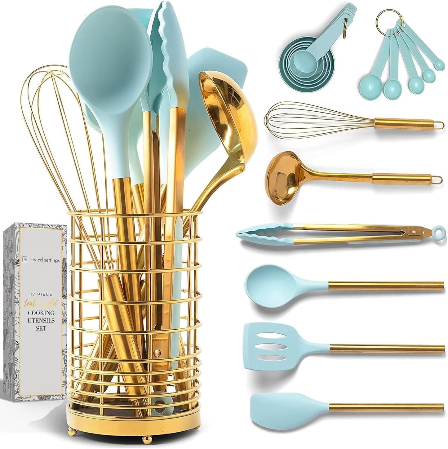 Teal Blue Kitchen Utensils Set with Gold Holder - 17-Piece Set