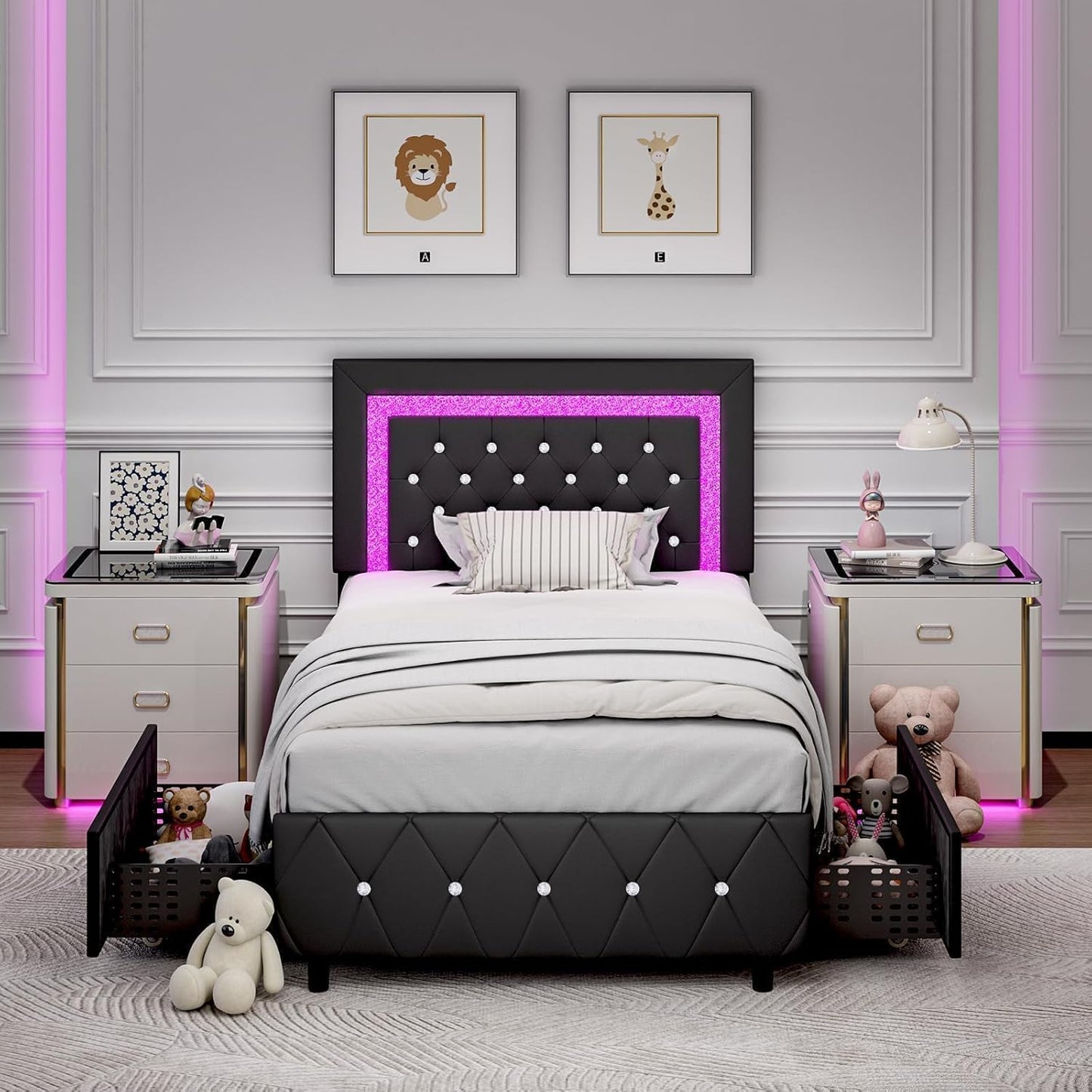 BarnFurin Twin Bed Frame with LED Lights and Storage Drawers