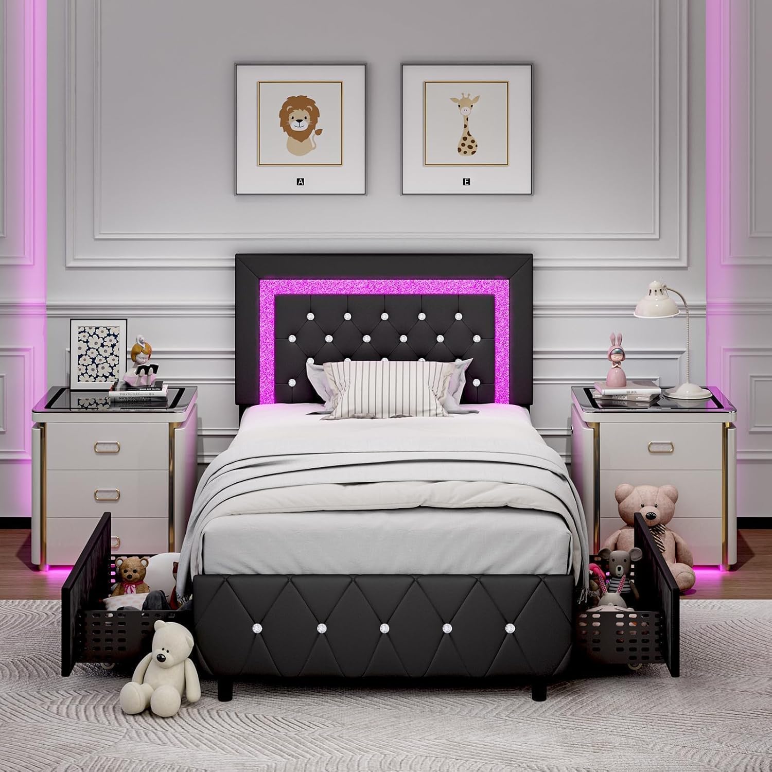 BarnFurin Twin Bed Frame with LED Lights and Storage Drawers