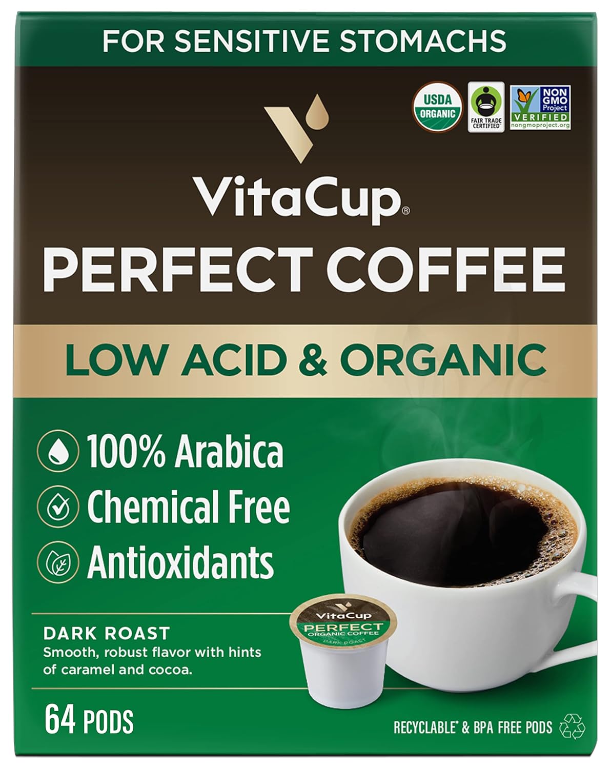 VitaCup Low Acid Dark Roast Coffee Pods, 64 CT