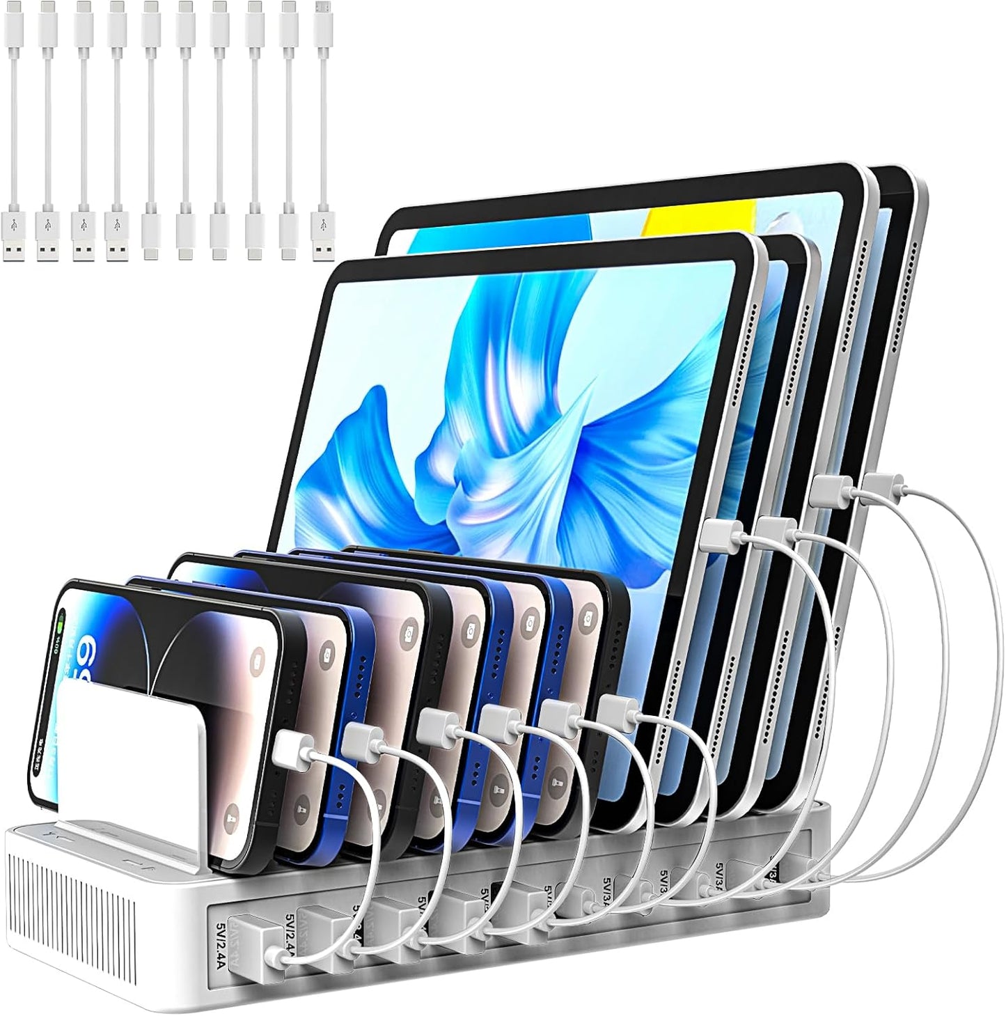 Charging Station for Multiple Devices with 10 Ports and Cables