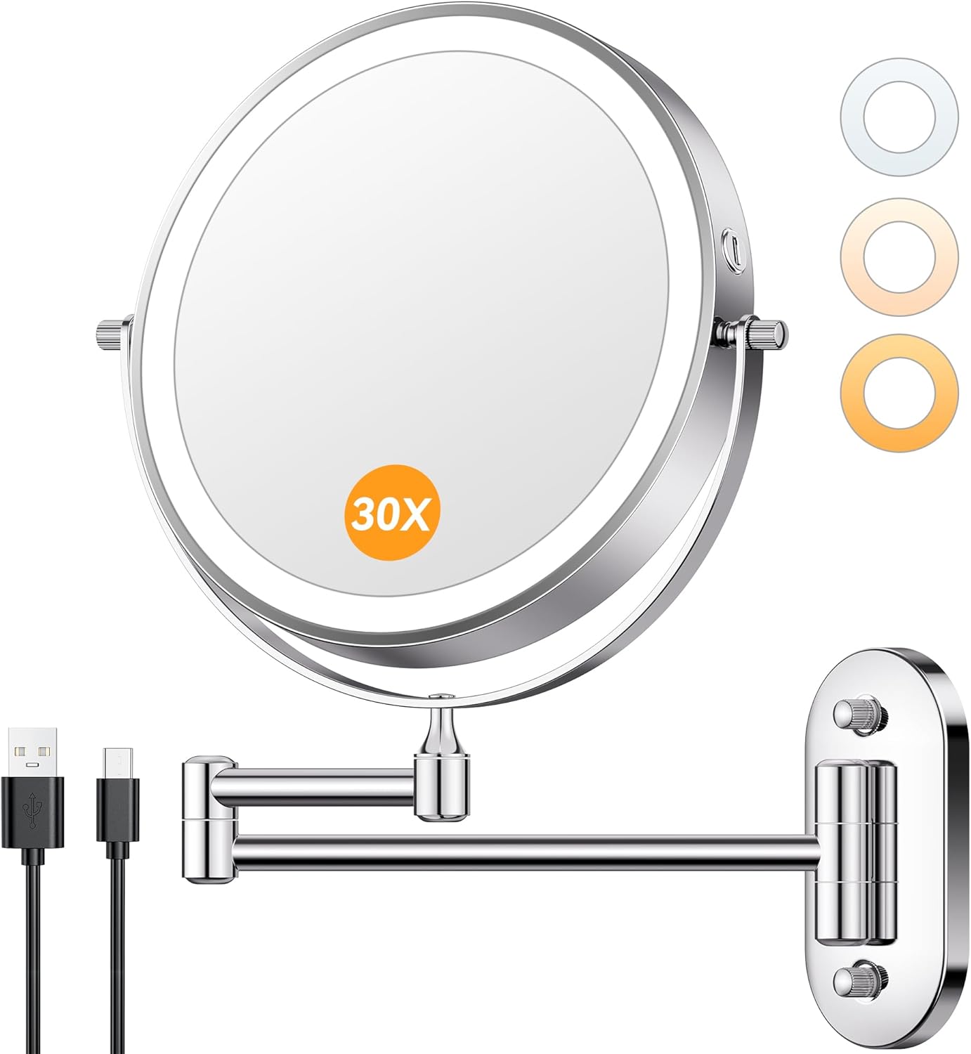 1X/30X Wall Mounted Makeup Mirror with Light for Flawless Beauty