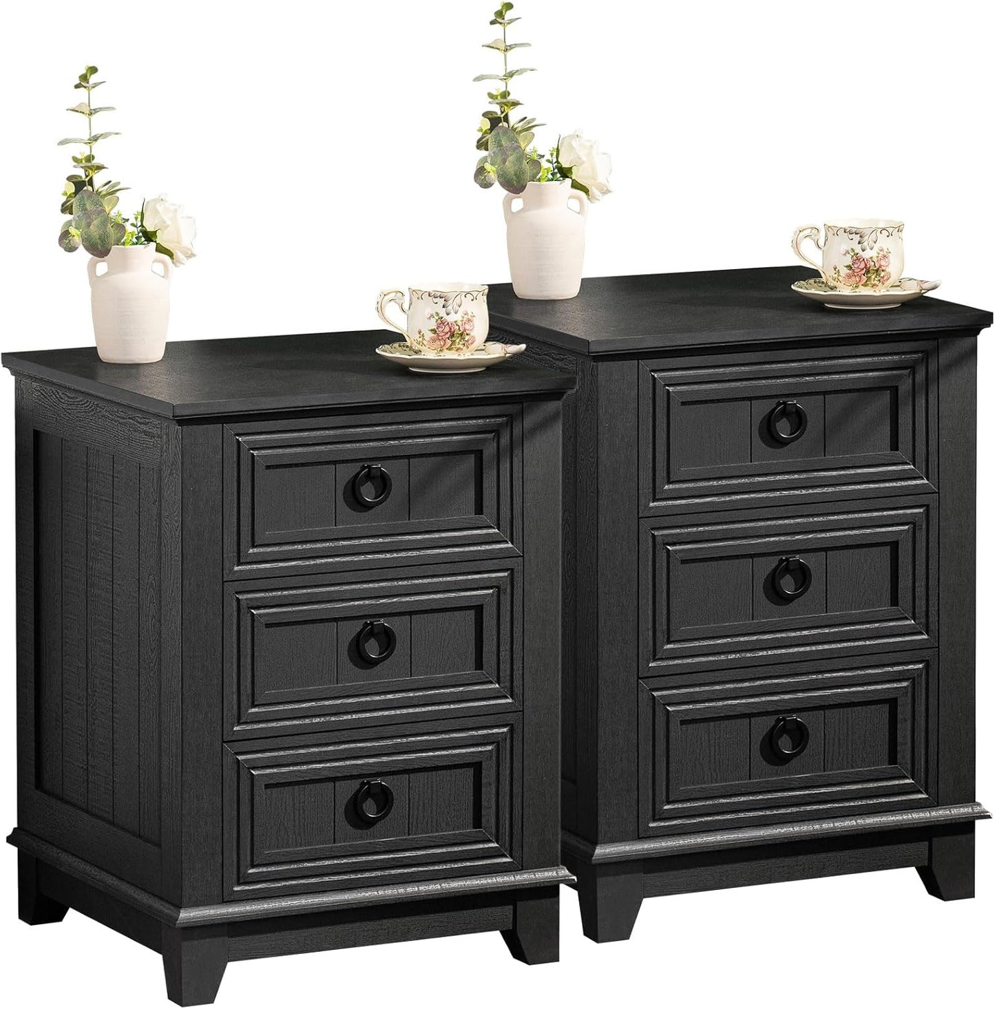 Farmhouse Night Stand Set of 2 with 3 Drawers for Bedroom