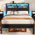 Full Size Bed Frame with Headboard, LED Lights & Storage