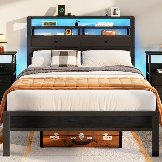 Furnulem Full Size Bed Frame with LED Lights and Storage Drawers