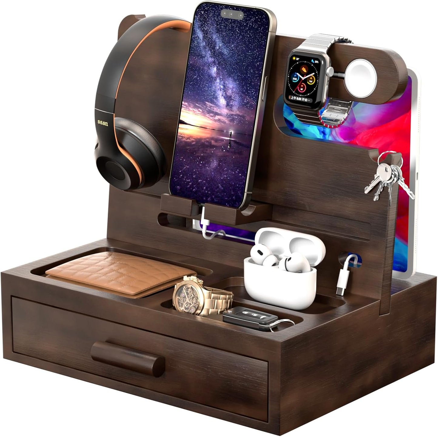 Nightstand Organizer for Men with Drawer and Phone Docking Station