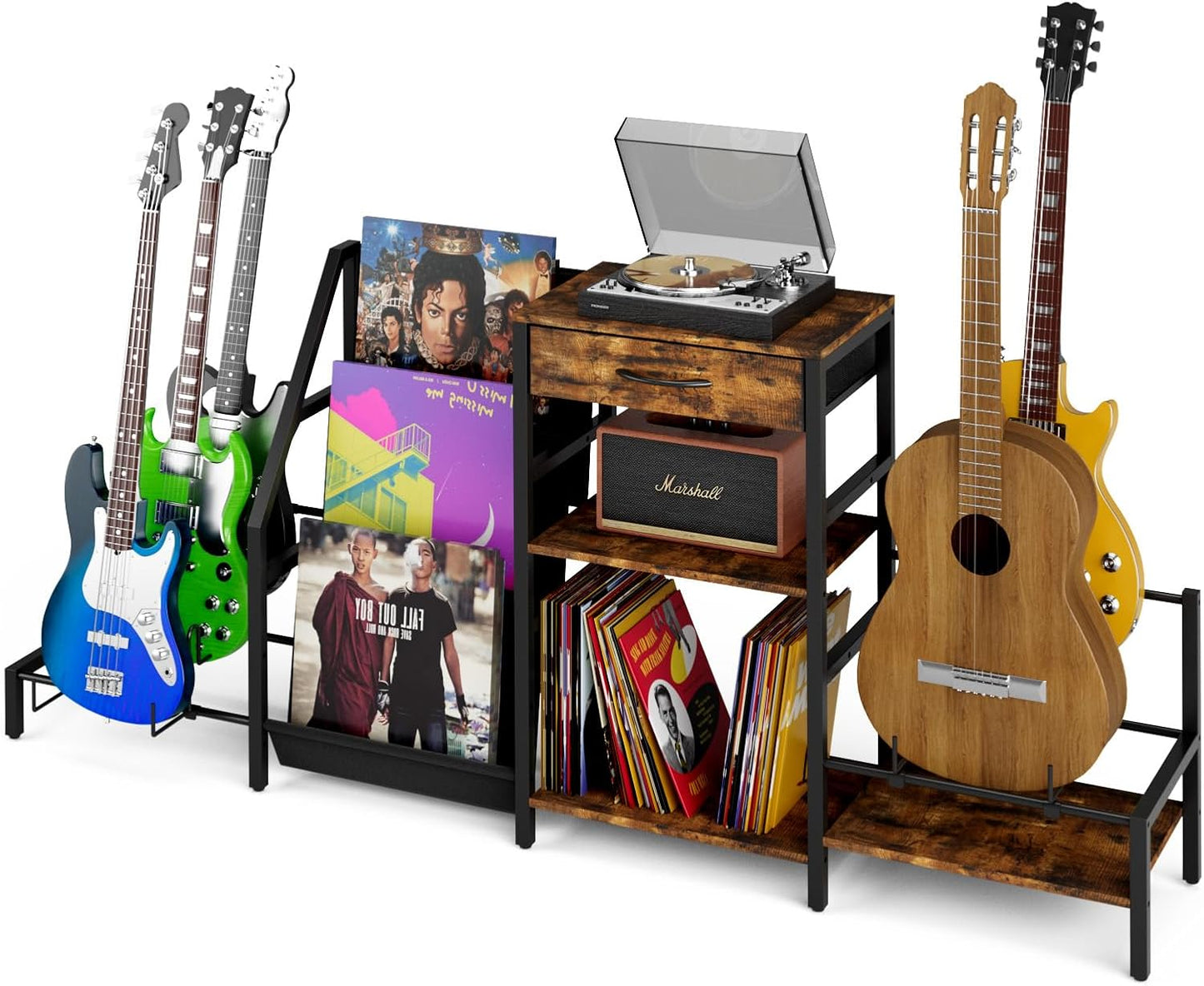 3 Tier Guitar Stand for Multiple Guitars and Vinyl Storage