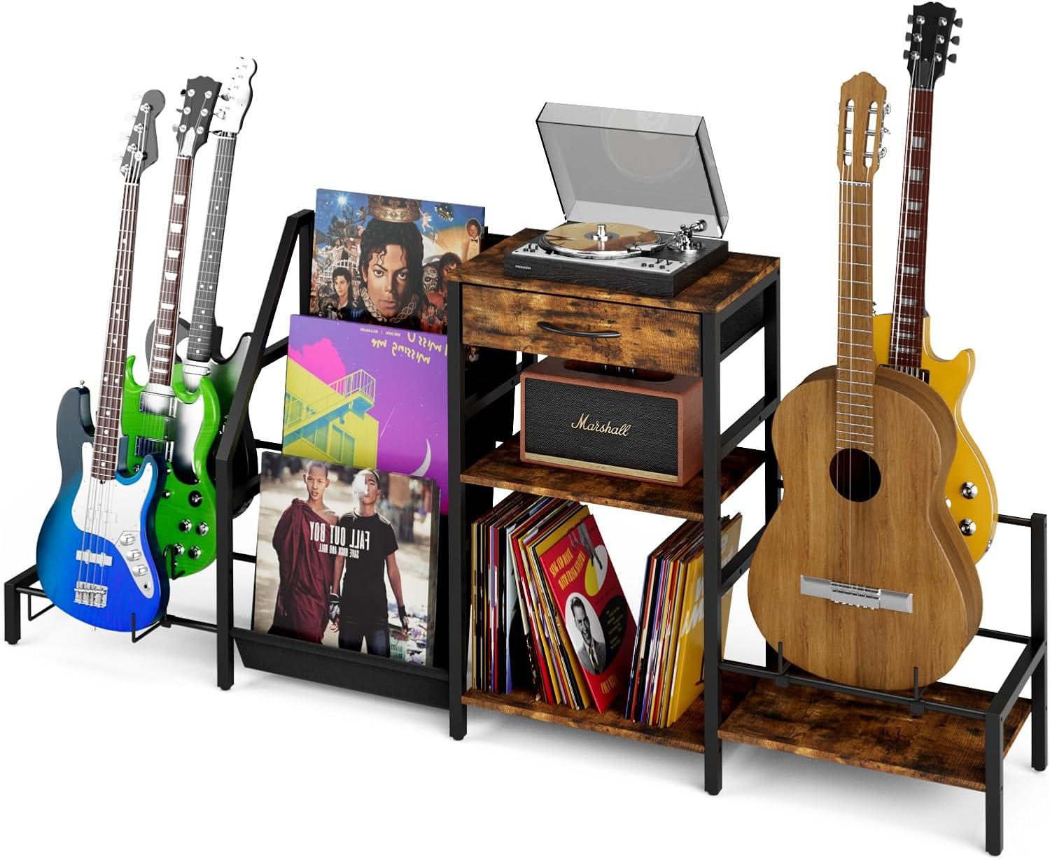 3 Tier Guitar Stand for Multiple Guitars and Vinyl Storage