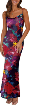 Women's Floral Spaghetti Strap Maxi Dress - Stretch Backless Bodycon