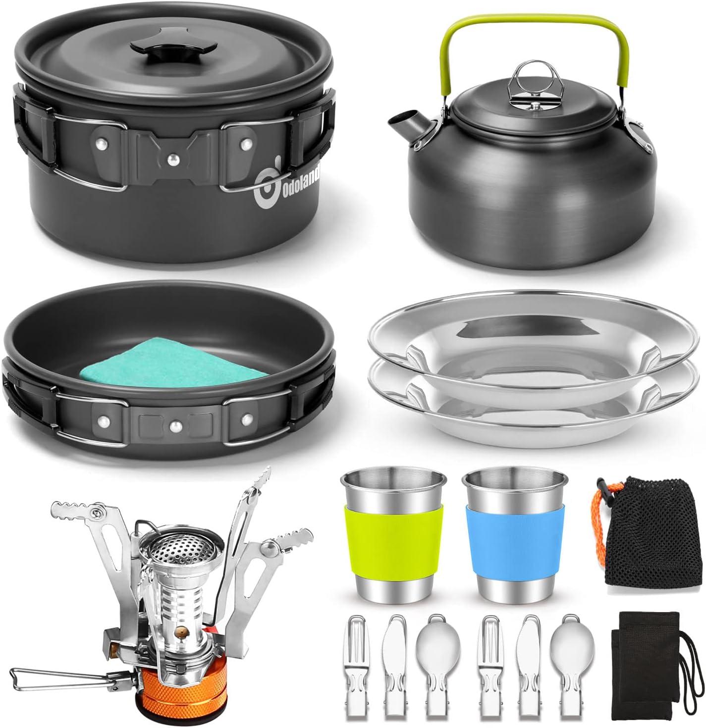 Odoland 16pcs Camping Cookware Set: Compact & Complete for Outdoor Adventures