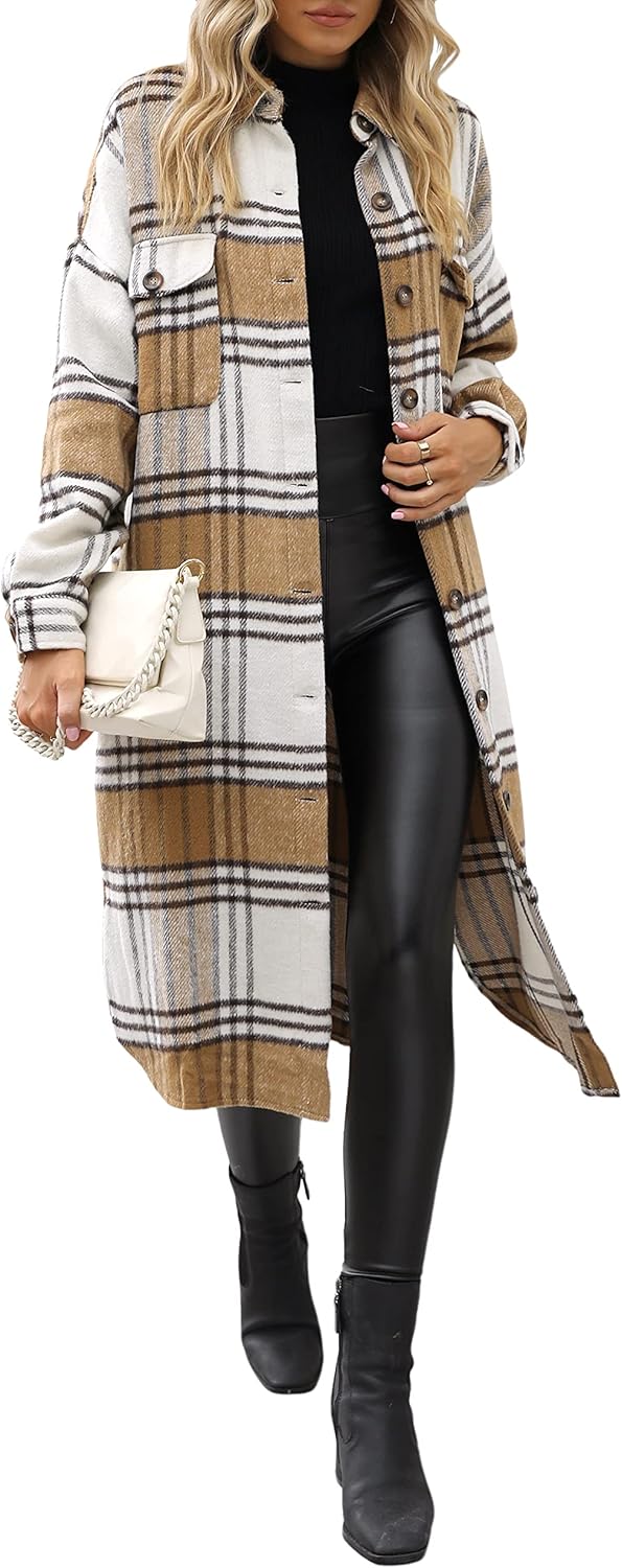 UANEO Plaid Coat Women Long Flannel Trench Jacket for Fall