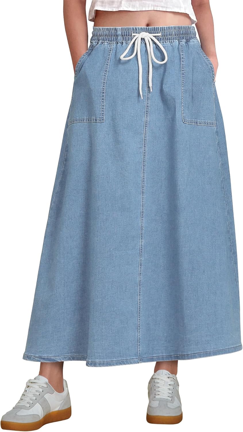 Trendy A Line Long Maxi Denim Skirt with Pockets for Women
