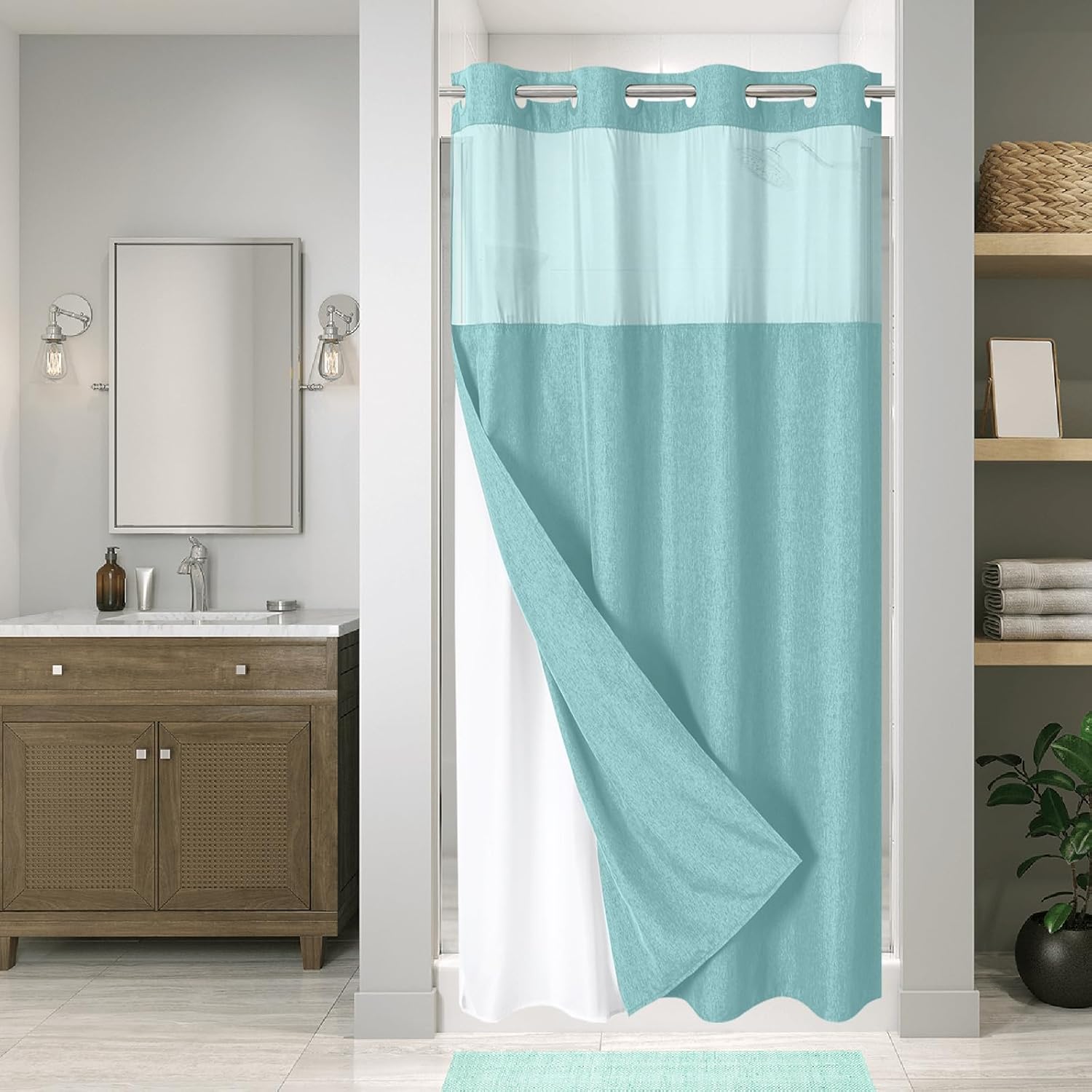 Linen Textured Shower Curtain with Snap-in Liner for Luxury Bath