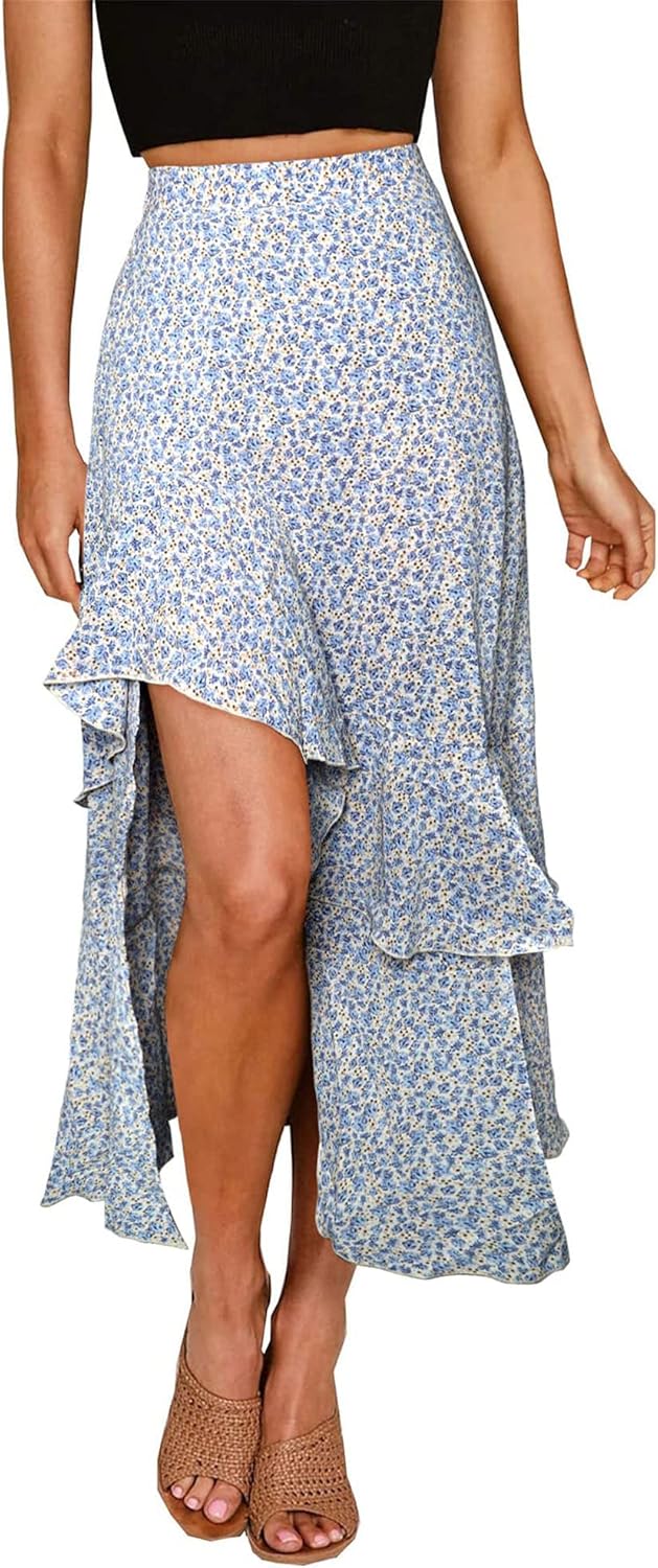 BTFBM Women Floral Print High Low Maxi Skirt for Summer Fun