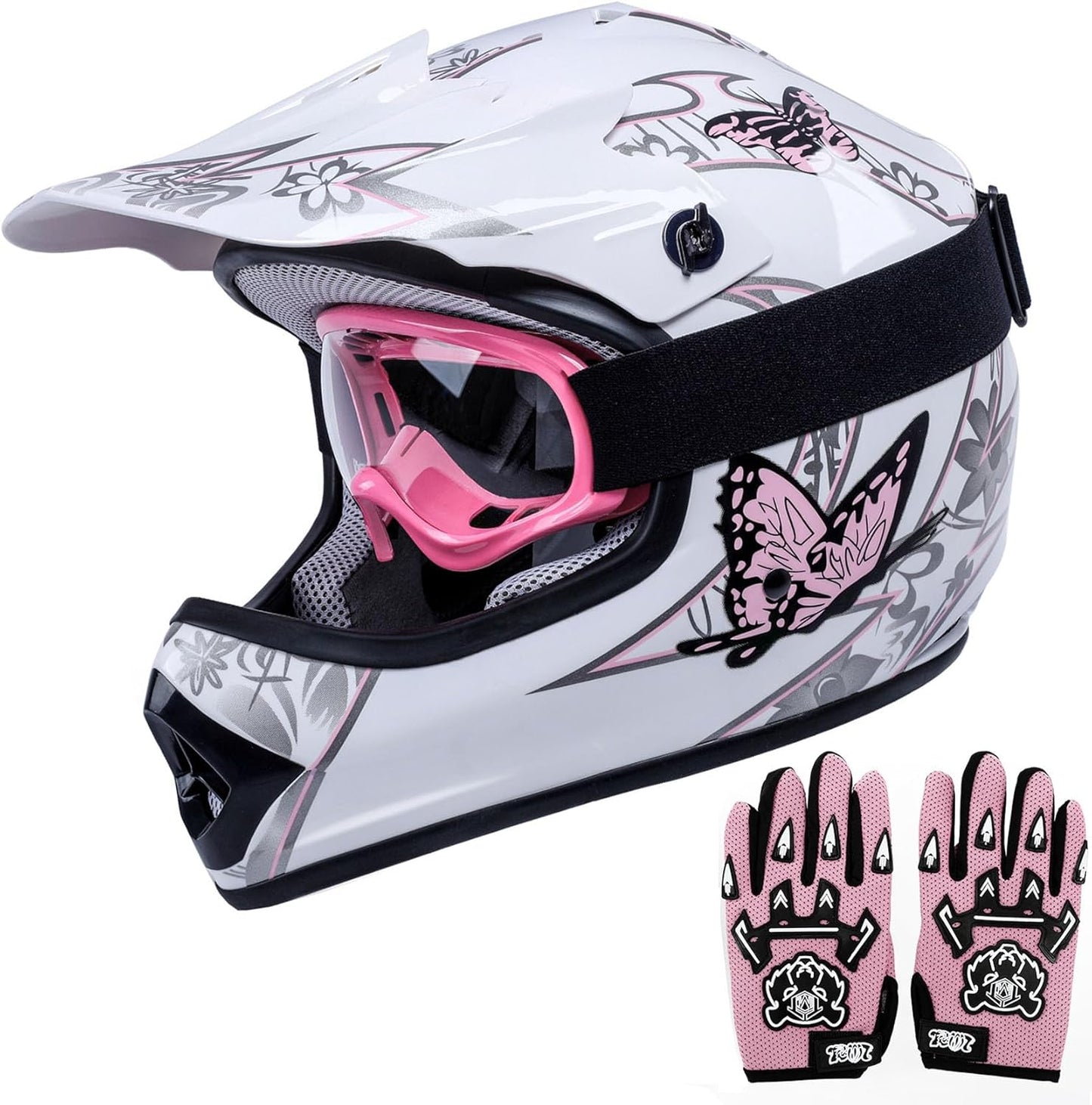 TCT-MOTORPARTS Youth Kids Dirt Bike Full Face Helmet Pink Butterfly