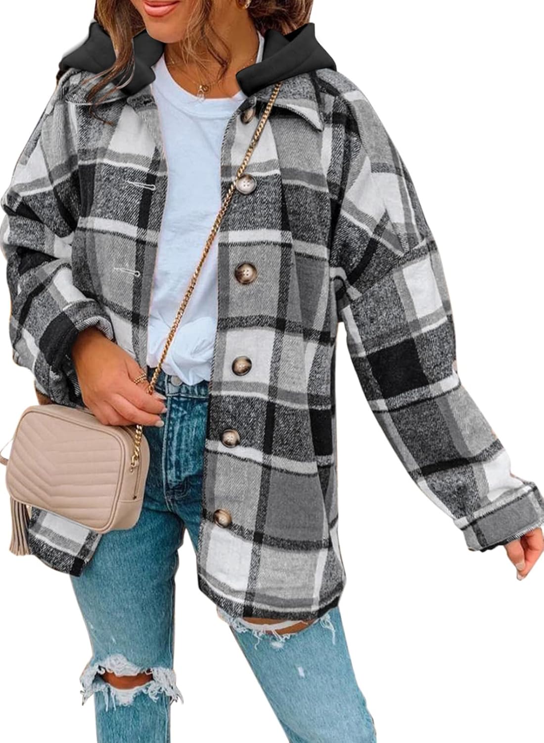 SHEWIN Womens Long Sleeve Button Down Plaid Shacket Jacket