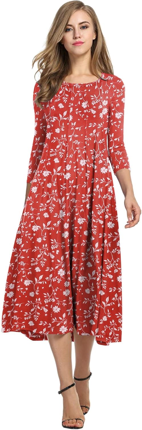 HOTOUCH Women's 3/4 Sleeve A-line Midi Long Dress for Elegance