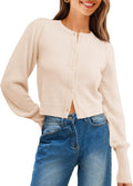 Womens Cropped Cardigan Sweater - Crew Neck Pearl Button Crop Top