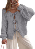 PRETTYGARDEN Tie Front Bow Cardigan Sweater - Chunky Puff Sleeve Tips