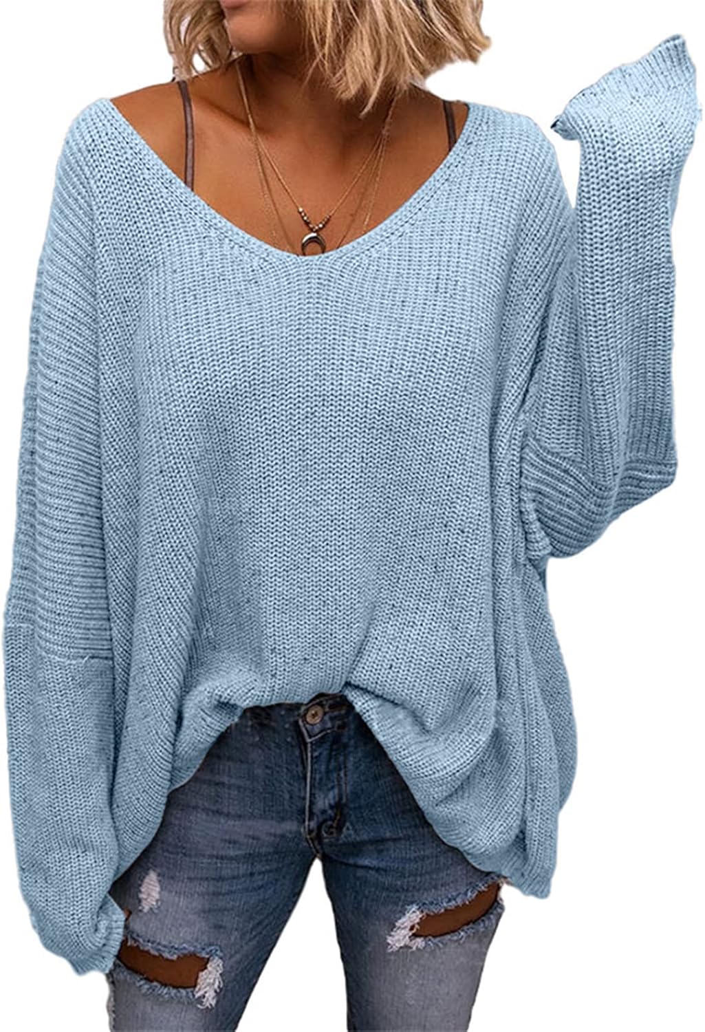 Stylish BZB Women's V Neck Long Sleeve Oversized Pullover Sweater