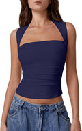 Womens Square Neck Tank Top - Side Ruched Double-Lined Crop
