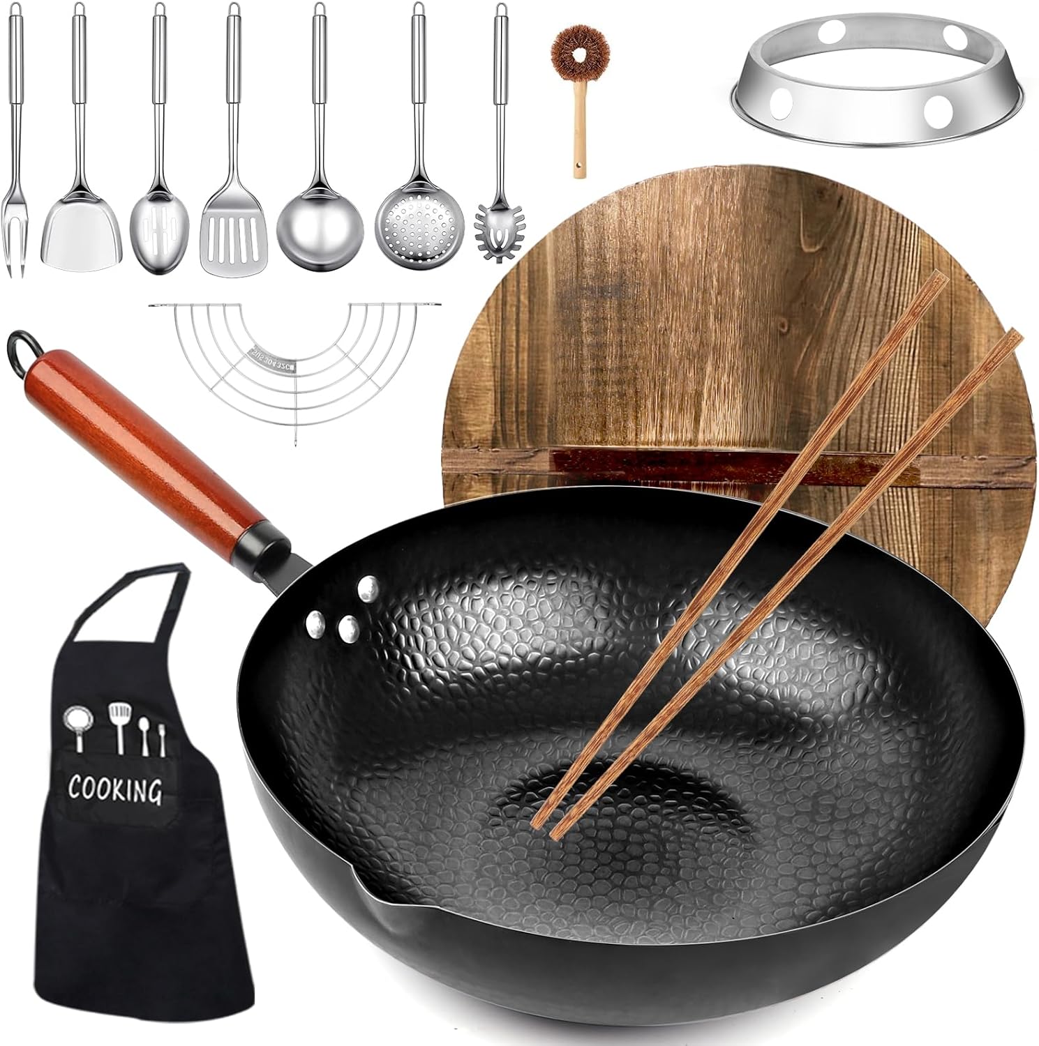 Carbon Steel Wok Pan Set for All Stoves - 14 Piece Cookware