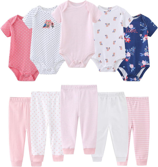 Baby Bodysuit and Pant Set 10-pcs Cotton Soft Newborn Clothes