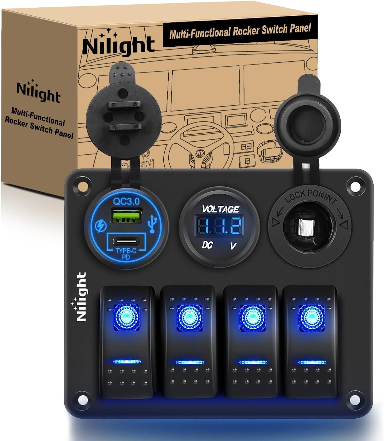 Nilight 4 Gang Rocker Switch Panel for Cars, Trucks, and Boats
