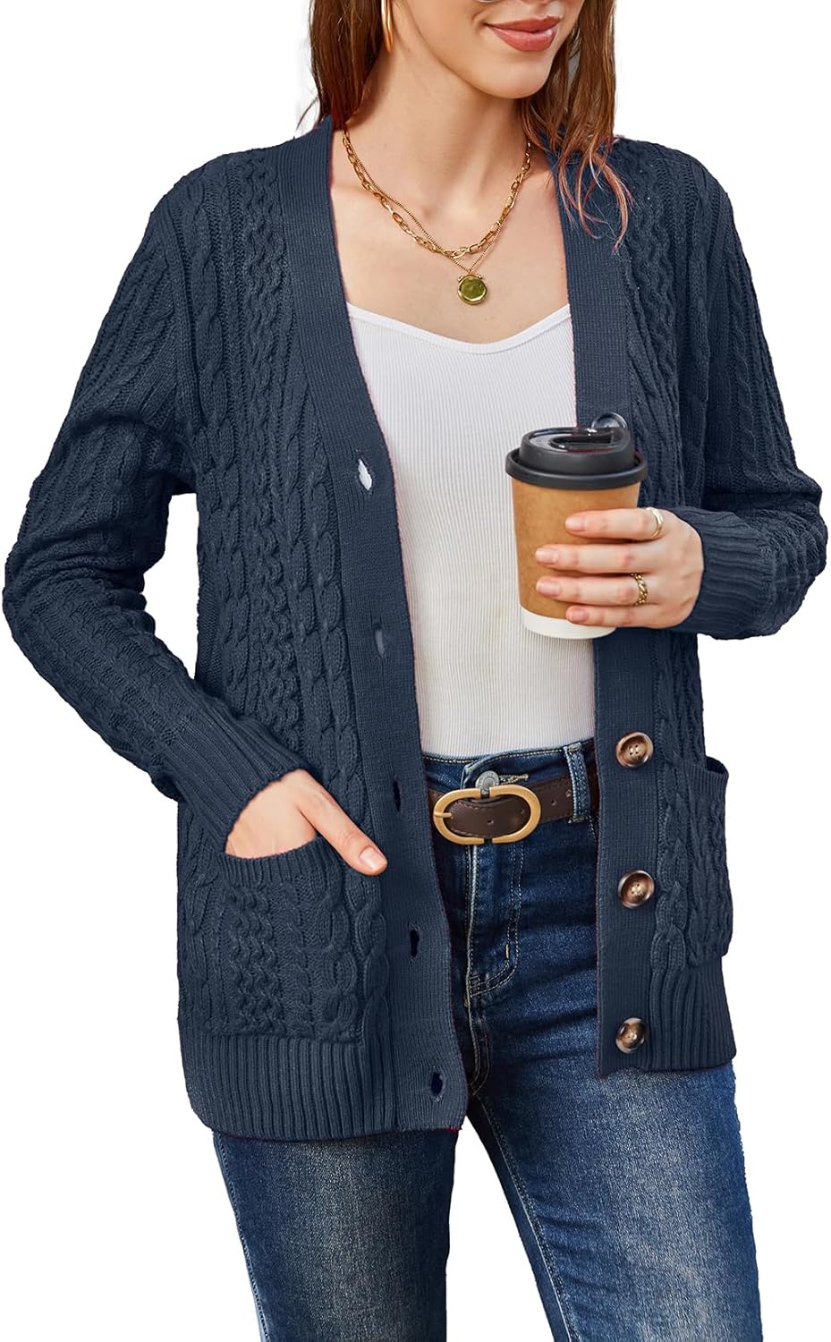 Womens Cardigan Sweaters Cable Knit Open Front with Pockets