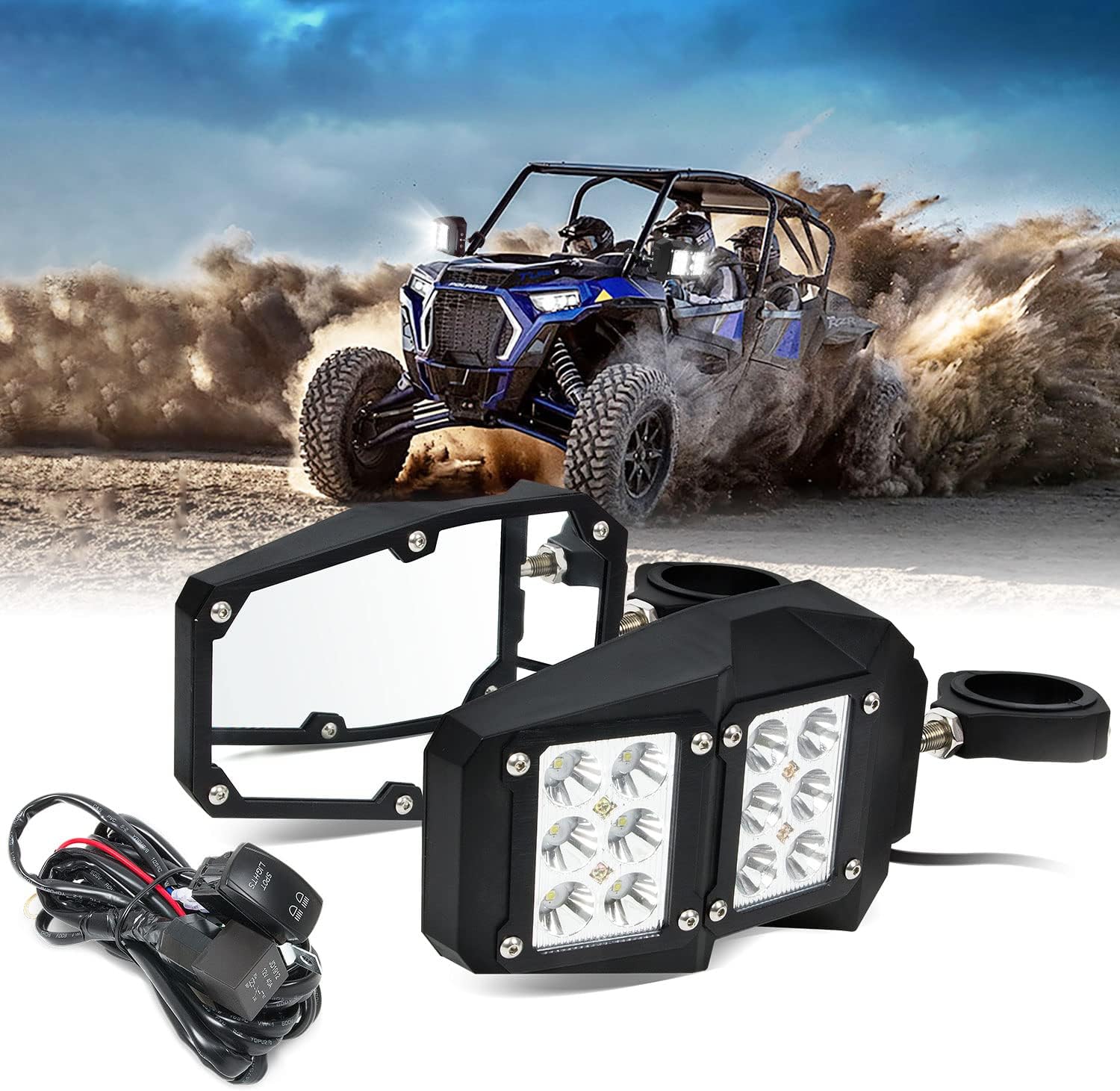 UTV Offroad LED Spot Light Side Rear View Mirrors for Roll Bar