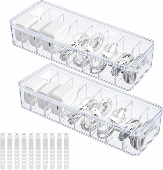 Clear Cord Organizer Box 2 Pack, 20 Wire Ties, 8 Compartments, Home Office Desk Storage