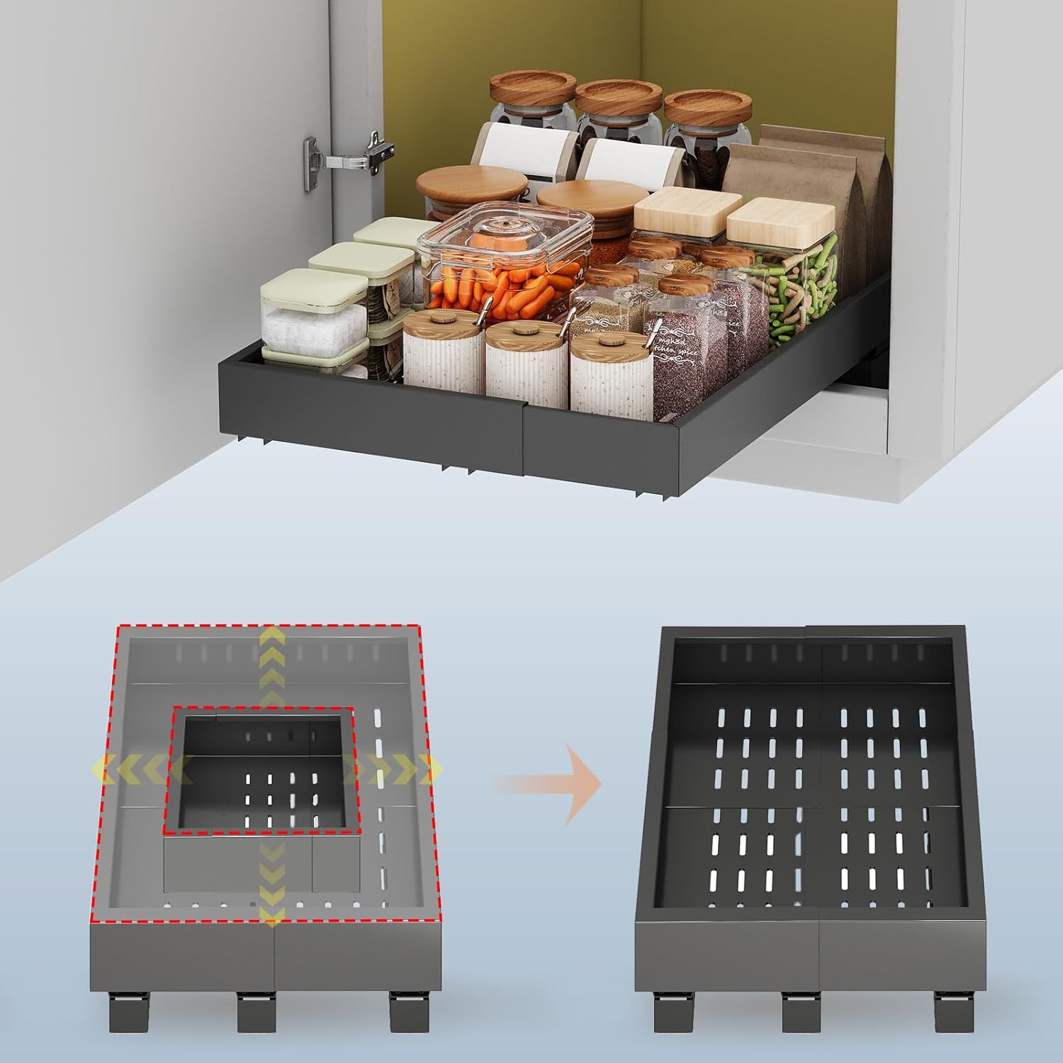 Pull Out Cabinet Organizer with Adjustable Width and Depth