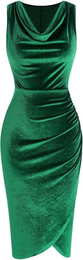 Velvet Cowl Neck Ruched Bodycon Midi Dress - Flattering Fit