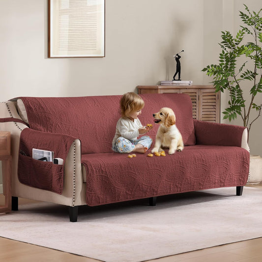 Quilted Red Sofa Slipcovers with Pockets for 3 Cushion Sofa