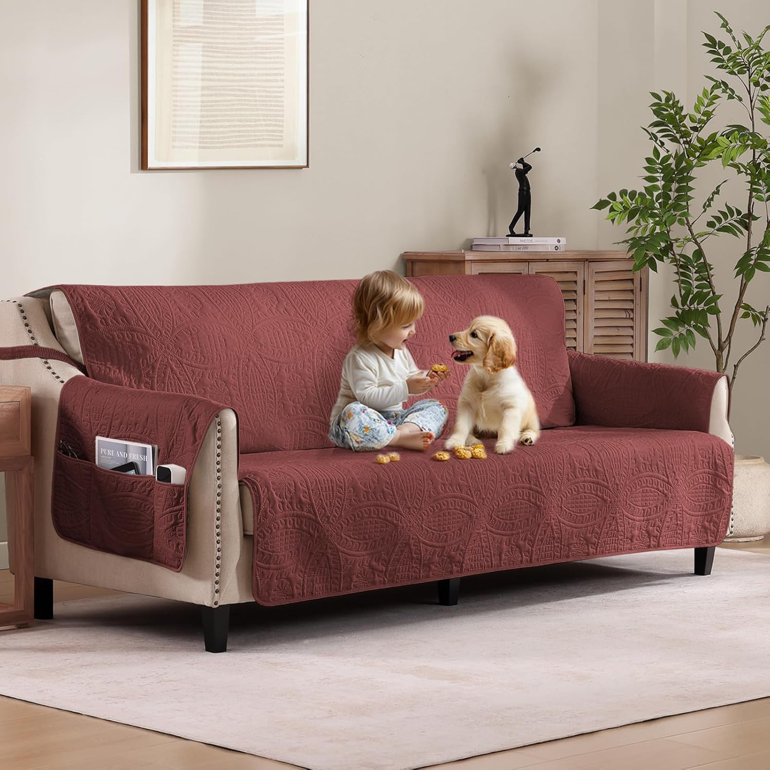 Soft Quilted Couch Cover with Pockets for Extra-Large Sofa