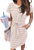 Women Summer Striped Short Sleeve T Shirt Dress - Tie Waist Comfort