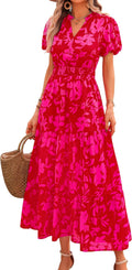 Summer Maxi Dresses for Women V Neck Puff Sleeve Smocked Flowy Dress