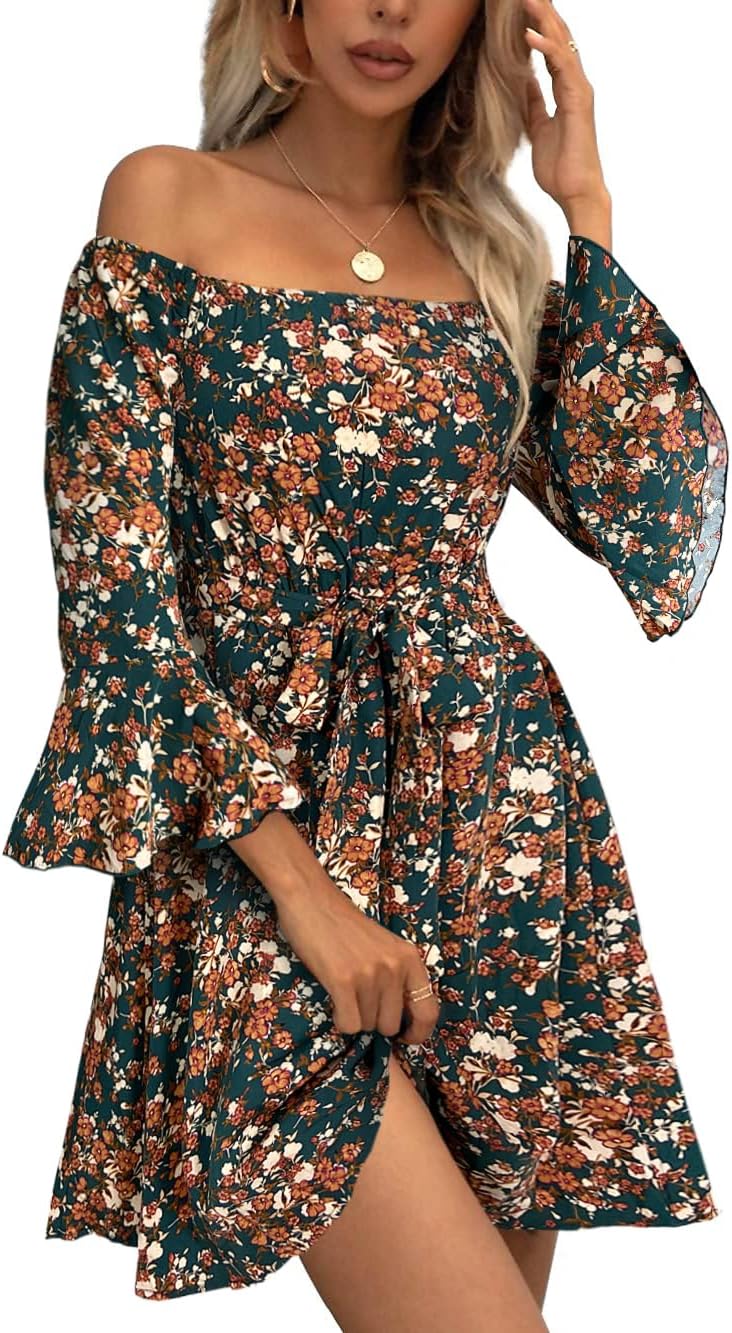 Womens Off Shoulder Ruffle Floral Summer Wedding Guest Dresses