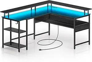 Rolanstar L Shaped Computer Desk with LED Lights and Power Outlets