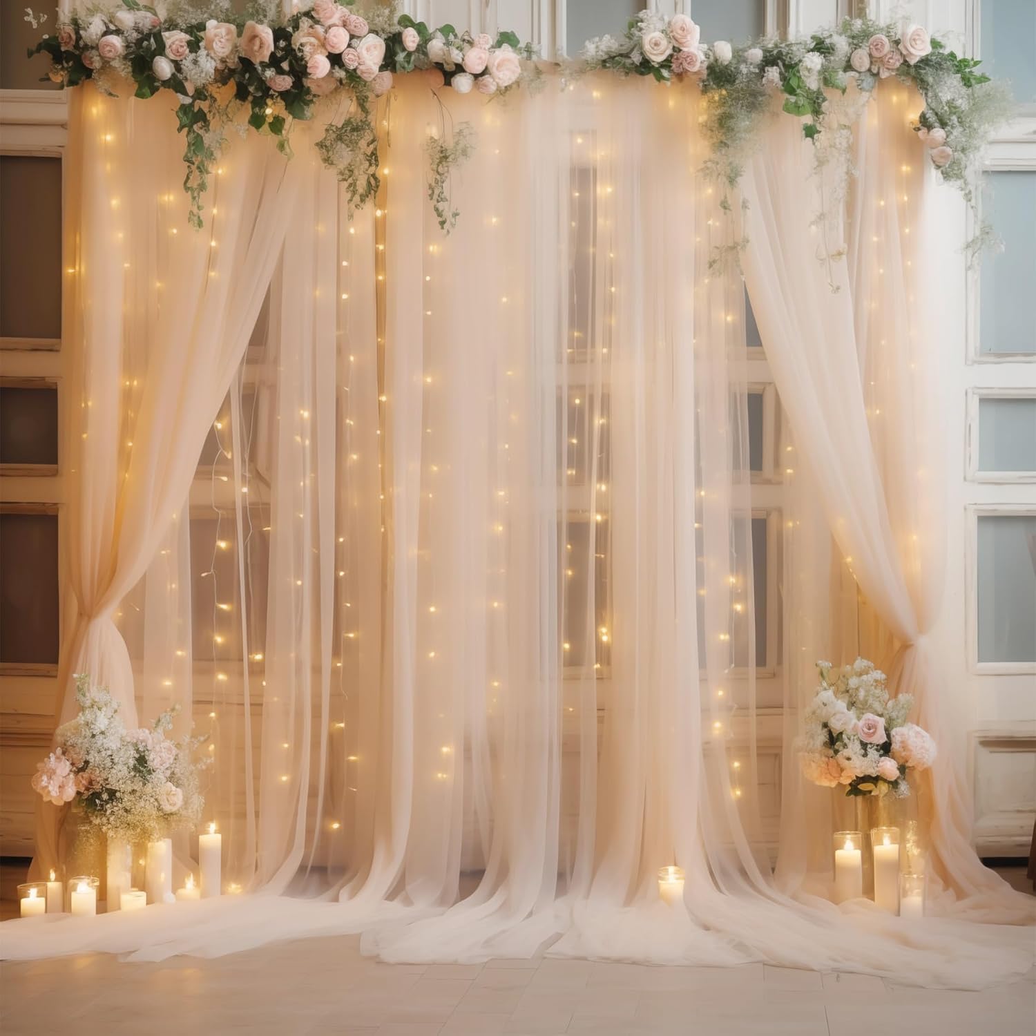 Champagne Tulle Backdrop Curtain with Lights for Events